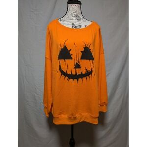 Women's‎ Orange Halloween Jack O Lantern Sweater Pumpkin Face Sweatshirt Size XL